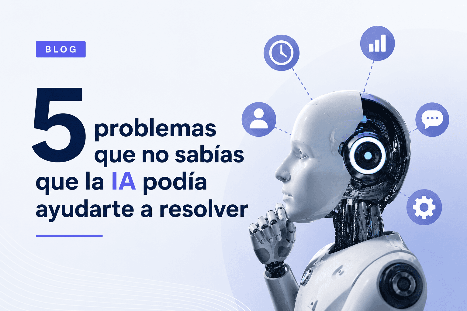 Robot pensativo rodeado de íconos de tiempo, datos, personas, conversación y configuración