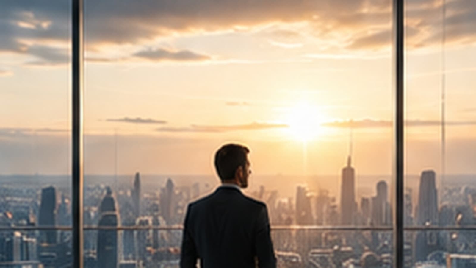 Persona observando una ciudad desde una oficina al amanecer, como metáfora de analizar primero el contexto, las oportunidades y el problema antes de decidir una solución de inteligencia artificial.