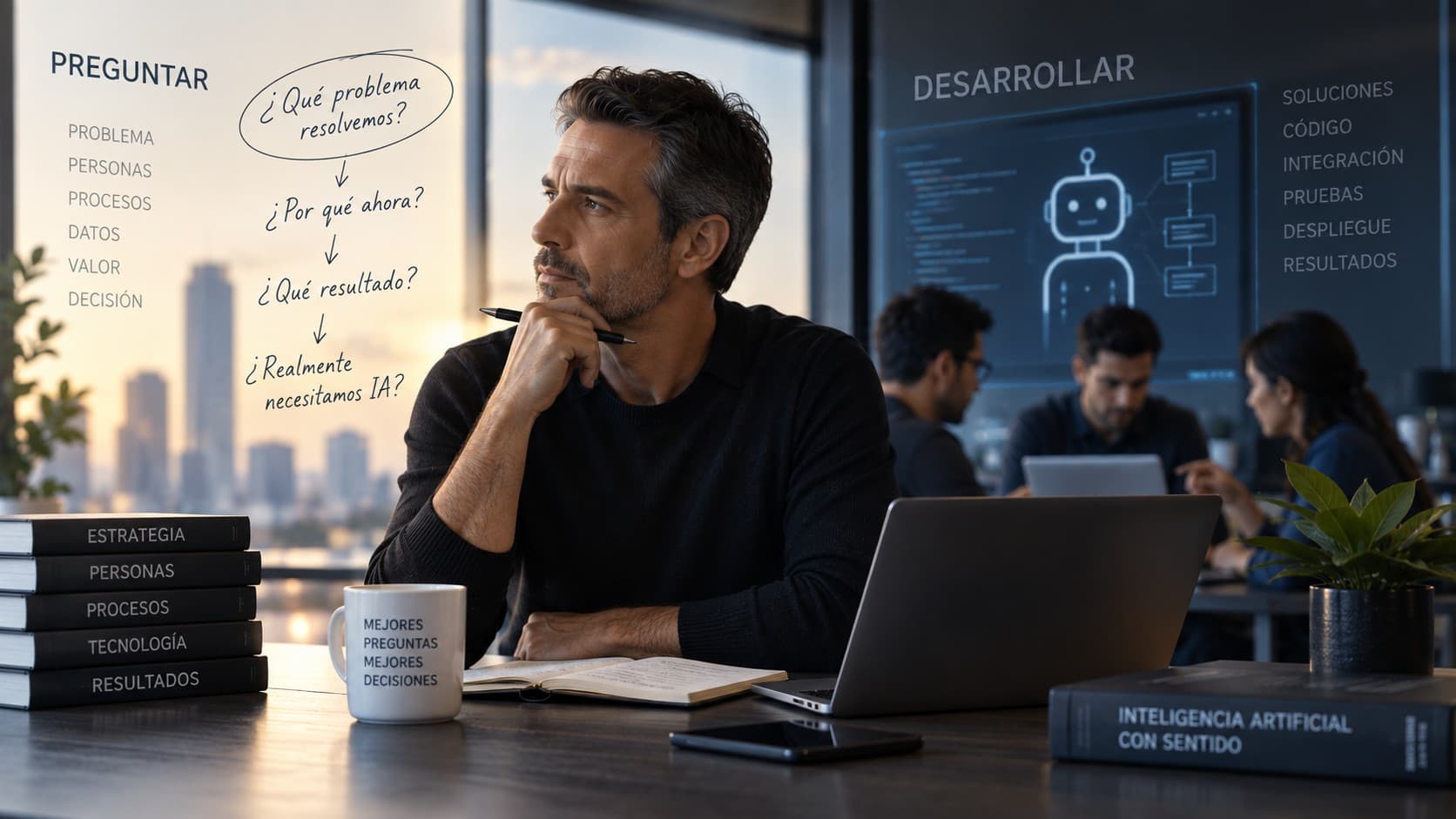 Consultor analizando preguntas estratégicas antes de desarrollar una solución de inteligencia artificial, mientras un equipo trabaja en la parte tecnológica.
